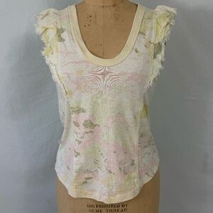 Pilco Anthropologie Light Yellow Floral Tank Puff Sleeve Detail Size XS